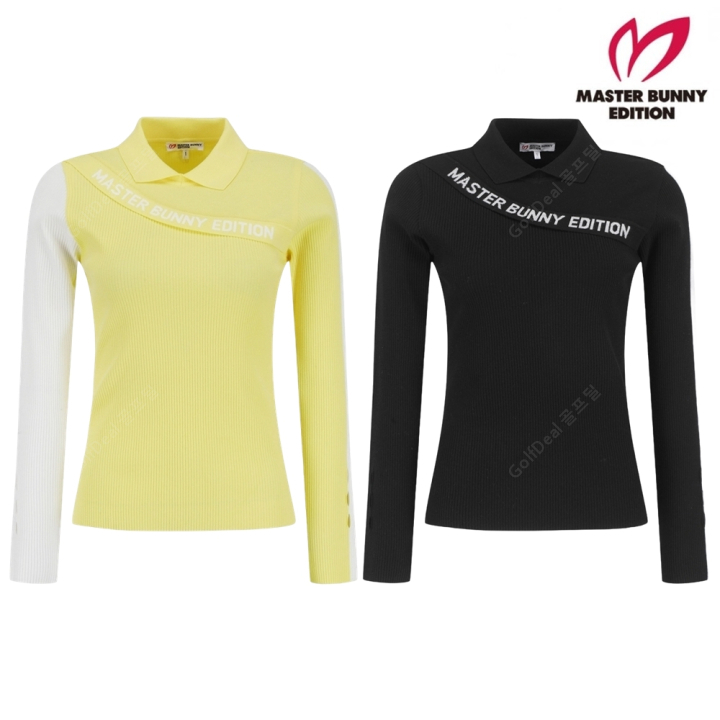 MASTER BUNNY 여성 사선 로고 패널 골조직 칼라 니트 421E1SR207